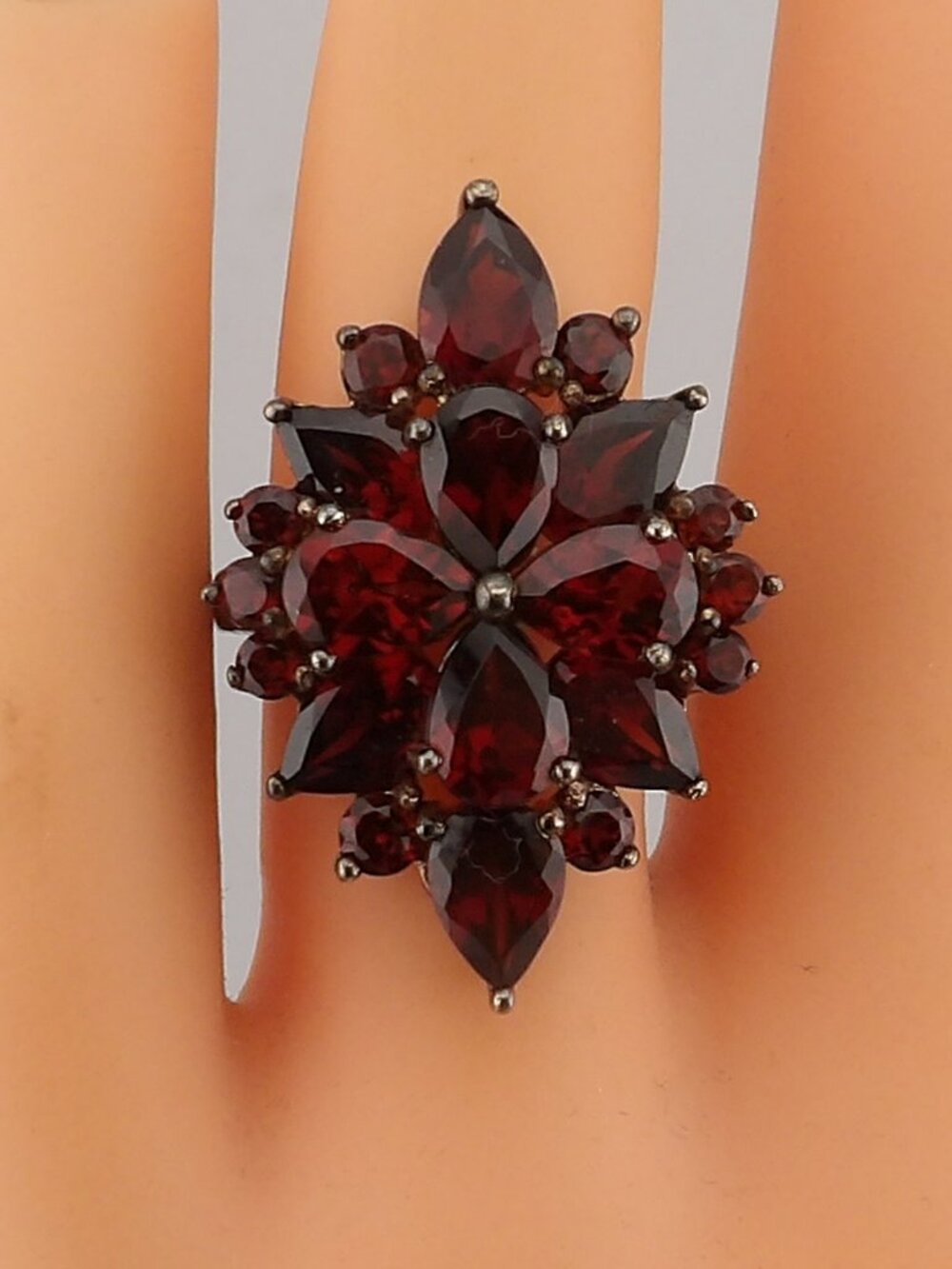 Vintage Sterling Silver Gold Plated Red Garnet Cluster Cocktail Ring